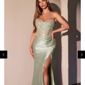 Elegant Green Beaded Evening Gown - Women Dresses